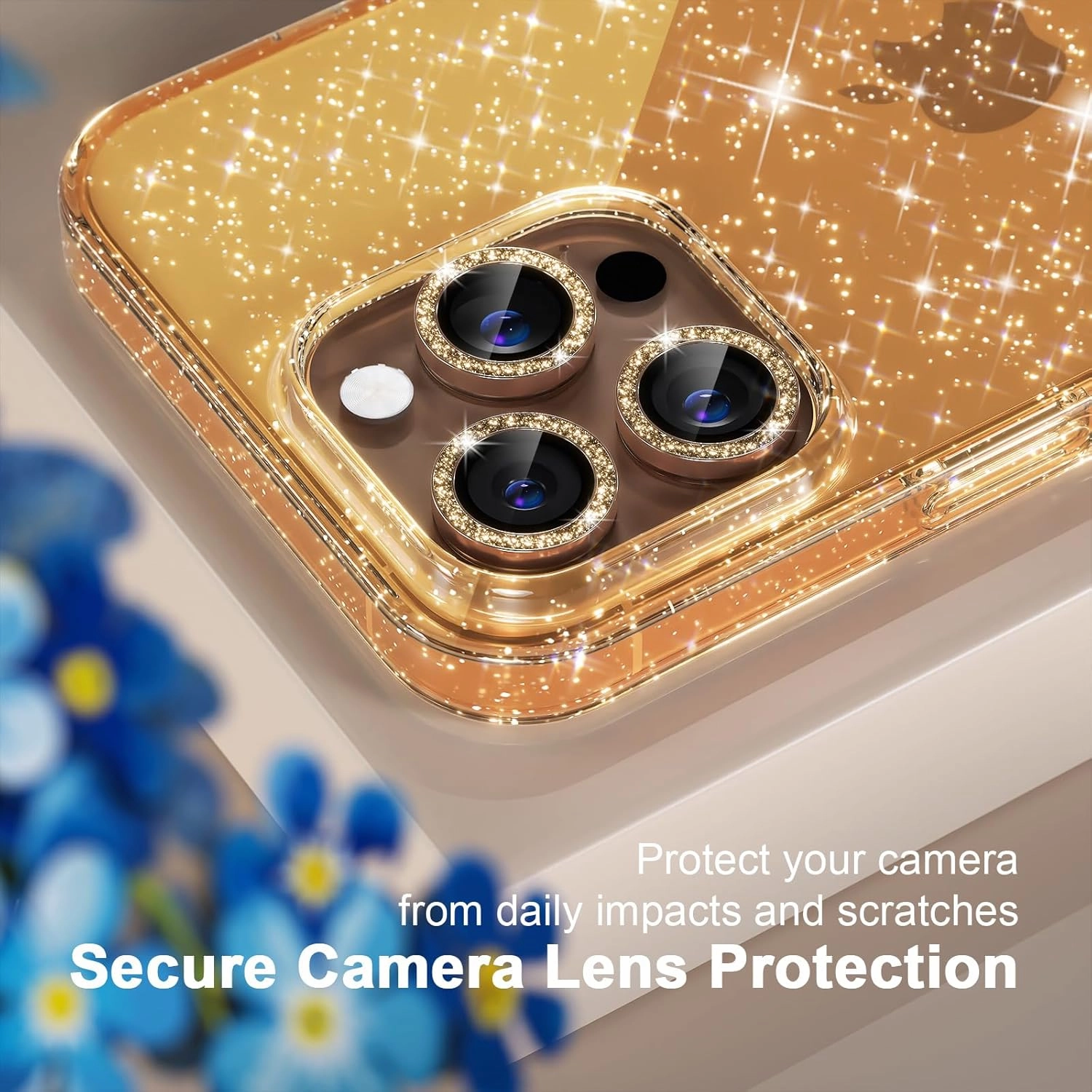 Choiche Compatible for iPhone 16 Pro Max Case, Women Cute Clear Glitter Bling Sparkly Case, [3 x Diamond Camera Lens Protectors] [2 x Tempered Glass Screen Protectors] 6.9-inch (Glitter Gold)