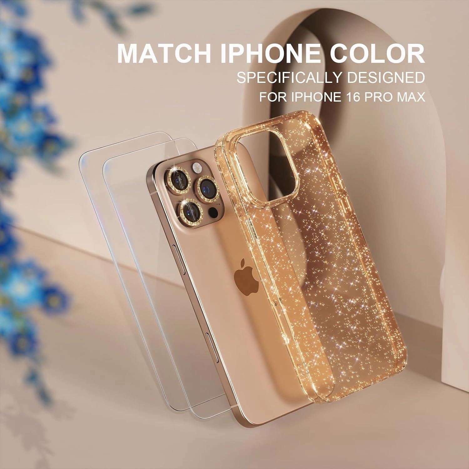 Choiche Compatible for iPhone 16 Pro Max Case, Women Cute Clear Glitter Bling Sparkly Case, [3 x Diamond Camera Lens Protectors] [2 x Tempered Glass Screen Protectors] 6.9-inch (Glitter Gold)