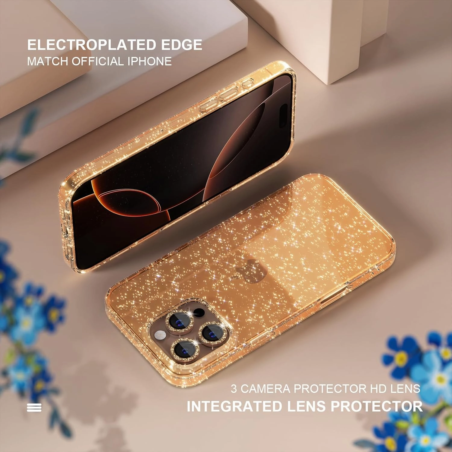 Choiche Compatible for iPhone 16 Pro Max Case, Women Cute Clear Glitter Bling Sparkly Case, [3 x Diamond Camera Lens Protectors] [2 x Tempered Glass Screen Protectors] 6.9-inch (Glitter Gold)