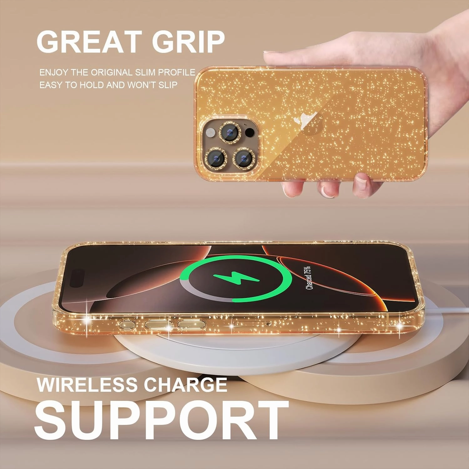 Choiche Compatible for iPhone 16 Pro Max Case, Women Cute Clear Glitter Bling Sparkly Case, [3 x Diamond Camera Lens Protectors] [2 x Tempered Glass Screen Protectors] 6.9-inch (Glitter Gold)