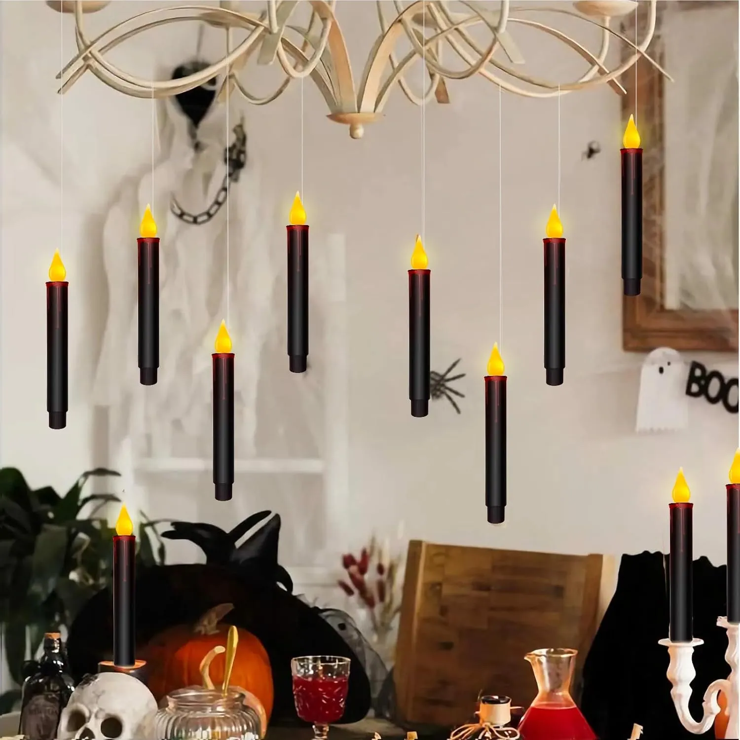 Christmas Decorations Candles Lights, 10 Pcs Christmas Black Floating Candles with Remote, Hanging Flickering Warm Flameless Candles LED Battery Operated Candles for Indoor Halloween Christmas Party