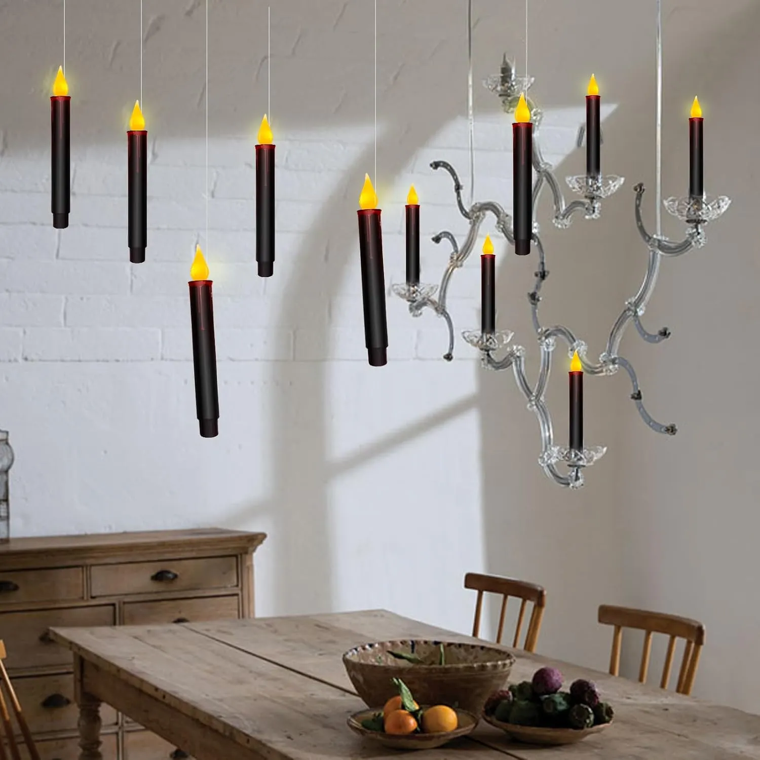 Christmas Decorations Candles Lights, 10 Pcs Christmas Black Floating Candles with Remote, Hanging Flickering Warm Flameless Candles LED Battery Operated Candles for Indoor Halloween Christmas Party