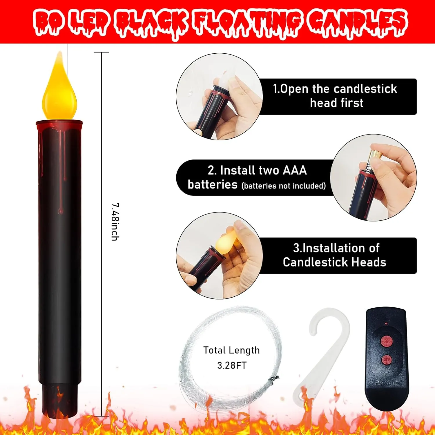 Christmas Decorations Candles Lights, 10 Pcs Christmas Black Floating Candles with Remote, Hanging Flickering Warm Flameless Candles LED Battery Operated Candles for Indoor Halloween Christmas Party