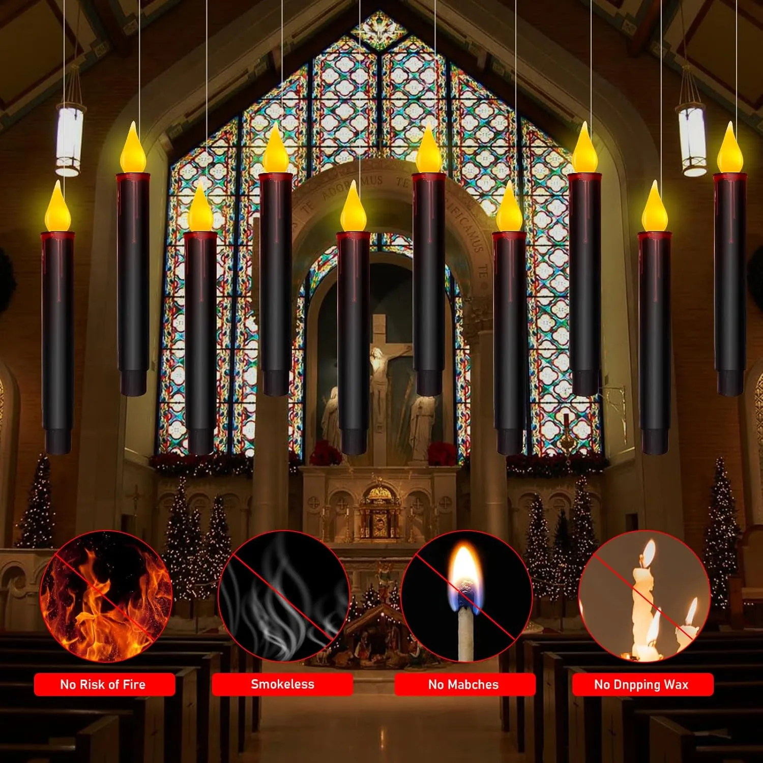 Christmas Decorations Candles Lights, 10 Pcs Christmas Black Floating Candles with Remote, Hanging Flickering Warm Flameless Candles LED Battery Operated Candles for Indoor Halloween Christmas Party