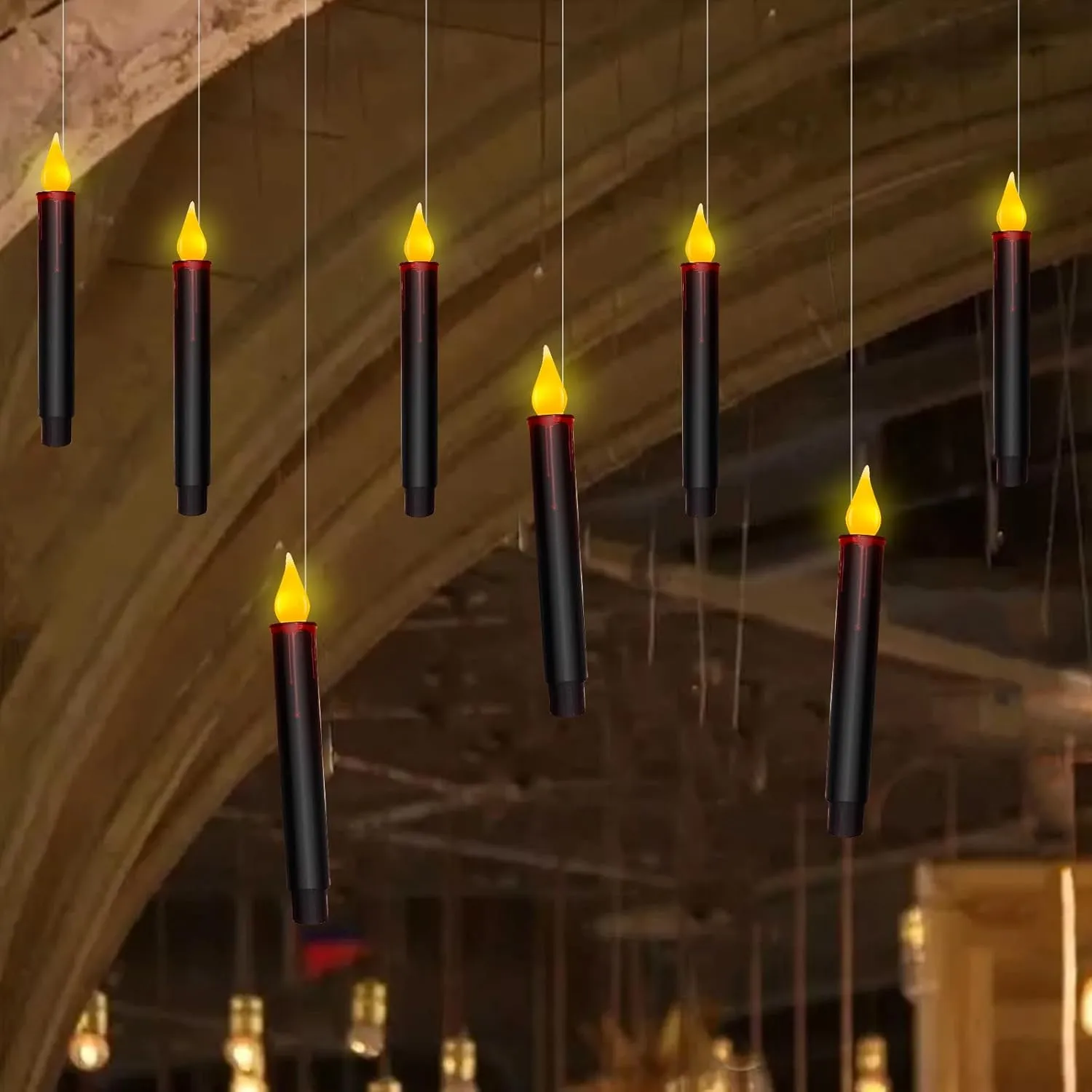 Christmas Decorations Candles Lights, 10 Pcs Christmas Black Floating Candles with Remote, Hanging Flickering Warm Flameless Candles LED Battery Operated Candles for Indoor Halloween Christmas Party