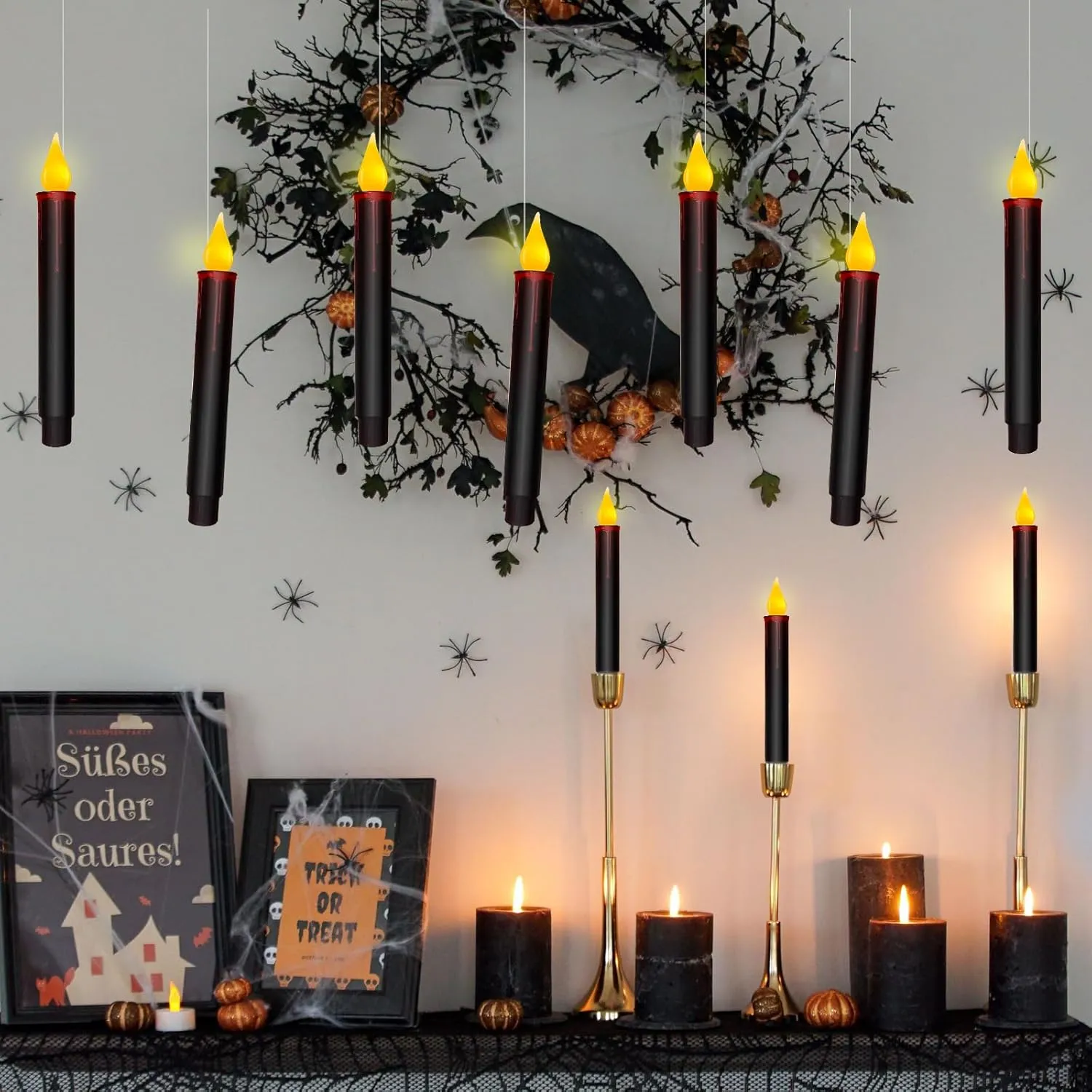 Christmas Decorations Candles Lights, 10 Pcs Christmas Black Floating Candles with Remote, Hanging Flickering Warm Flameless Candles LED Battery Operated Candles for Indoor Halloween Christmas Party