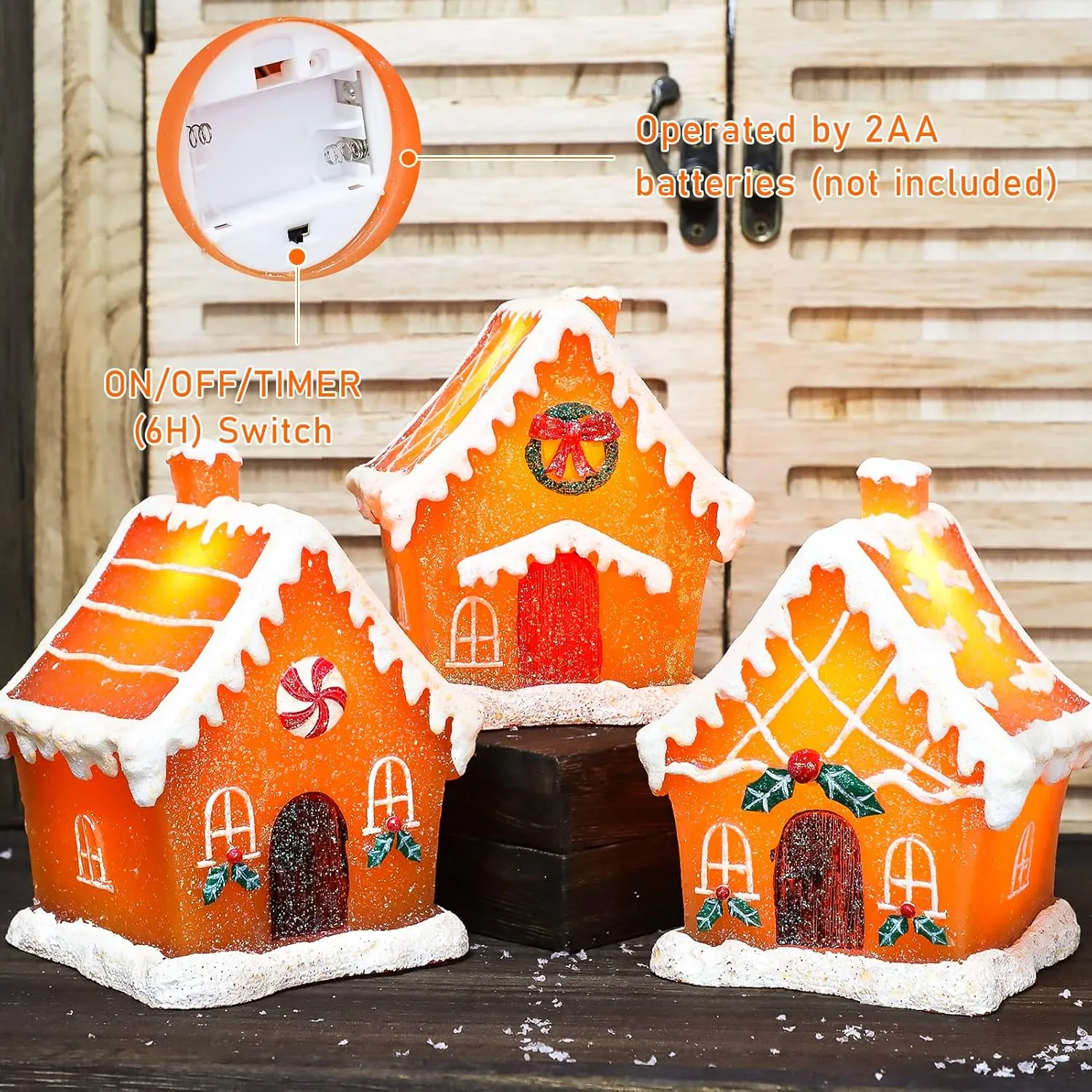 Christmas LED Flameless Candles, 3 Pack Gingerbread Christmas House Handmade Flickering Village House Battery Operated with Remote, Novelty Light Home Decoration Tabletop