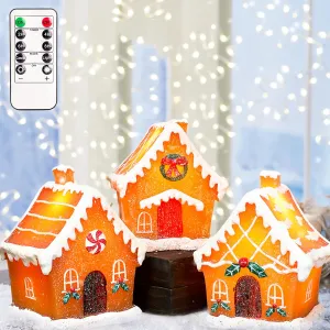 Christmas LED Flameless Candles, 3 Pack Gingerbread Christmas House Handmade Flickering Village House Battery Operated with Remote, Novelty Light Home Decoration Tabletop