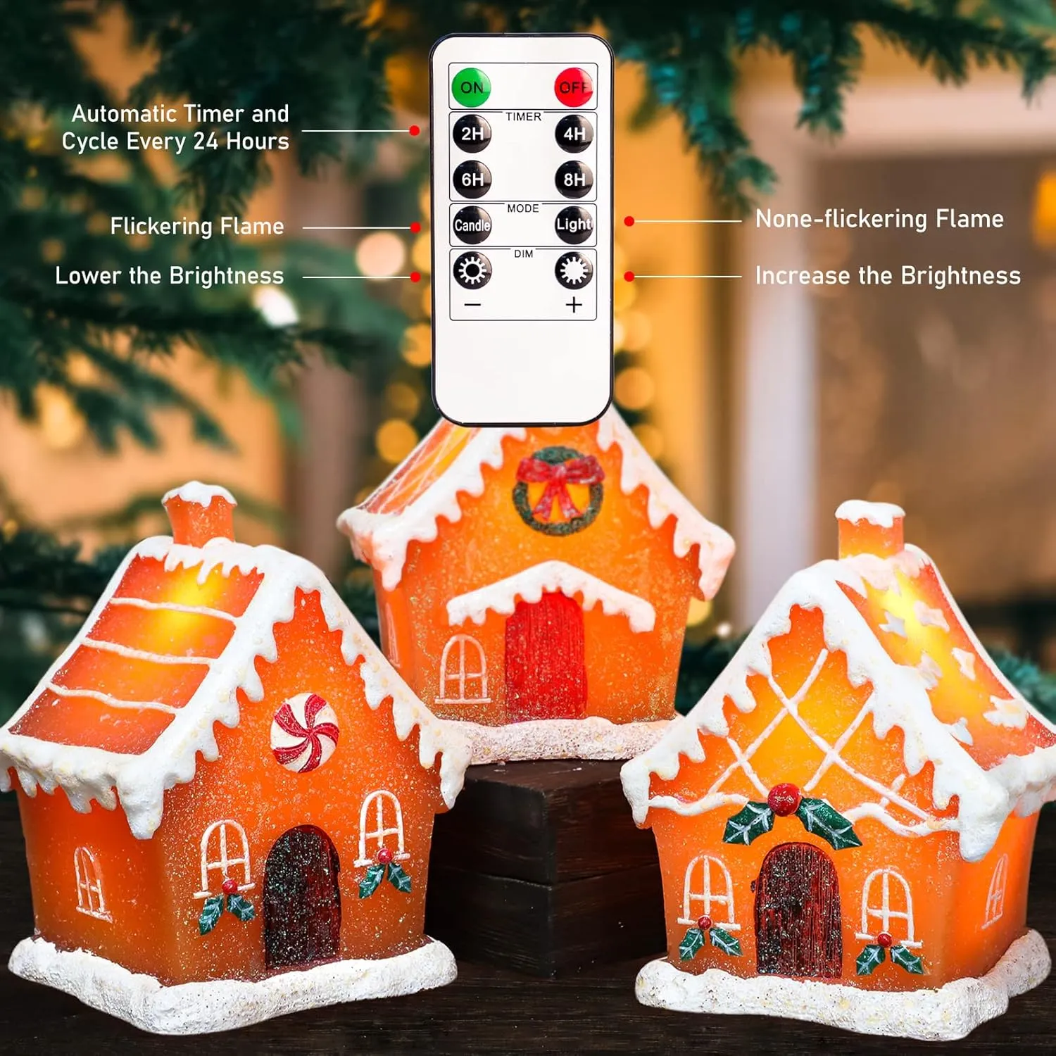 Christmas LED Flameless Candles, 3 Pack Gingerbread Christmas House Handmade Flickering Village House Battery Operated with Remote, Novelty Light Home Decoration Tabletop