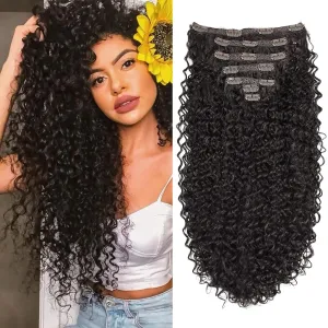 Clip In Hair Extensions - 140G Synthetic hair Dark Brown Clip in Human Hair Feelings Extensions Jerry Curly Hair Extensions for Black Women extensions Hairpieces (2# 24 Inch)(Pack of 7)