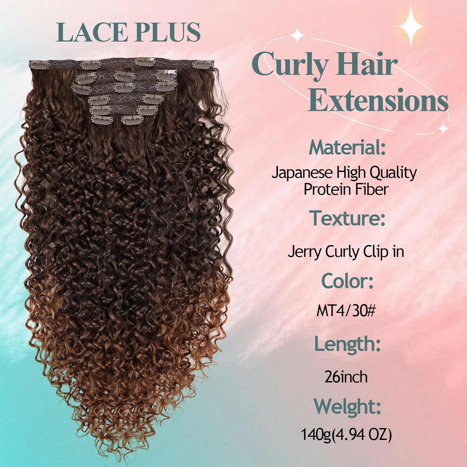 Clip In Curly Hair Extensions - 140G 7Pcs Synthetic Ombre Honey Blonde hair Extensions Jerry Curly Hair Extensions for Black Women clip in extensions Hairpieces (MT4/30# 24 Inch)(Pack of 7)