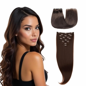 Clip in Hair Extensions - 100% Human Hair Remy Hair Extensions for Women - 7 Pieces, 120g Seamless Clip ins for Extra Volume/Style - Natural Straight (Darkest Brown #2, 18 inches)