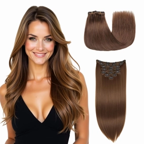 Clip in Hair Extensions - 100% Human Hair Remy Hair Extensions for Women - 7 Pieces, 120g Seamless Clip ins for Extra Volume/Style - Natural Straight (Light Brown #4, 18 inches)