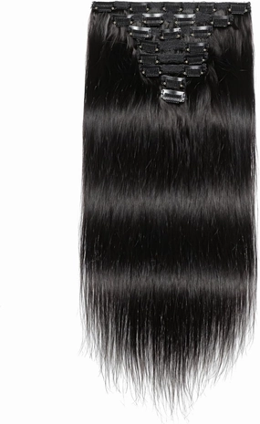 Clip-in Real Human Hair Extensions, 14-Inch, Straight, 8-Piece Set, Natural Black, Seamless Design for Quick and Easy Wear
