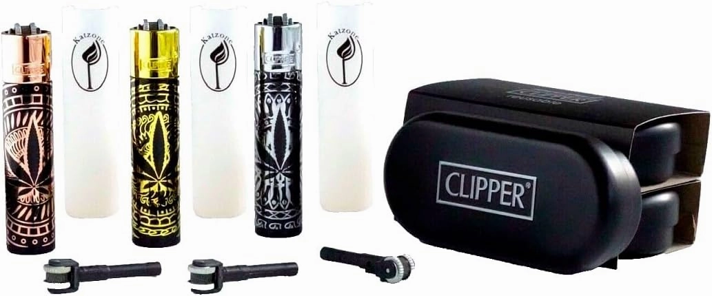 CLIPPER Large Metal Lighters (CP11) - Shiny Black(Gold,Rose Gold, Silver) with Premium Leaves Pattern - Set of 3 - Bundles with Silicone Sleeves & Extra Flint Systems