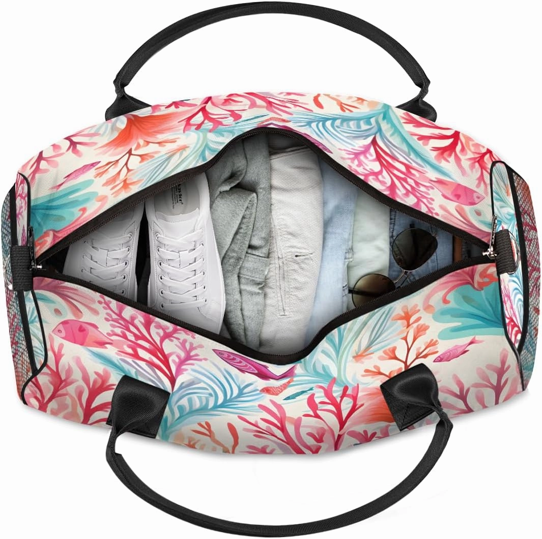 Coastal Coral Travel Duffle Bag for Women Men Foldable Waterproof Weekender Bag Carry on Tote for Overnight Sports Gym Beach Ocean Seashell Themed