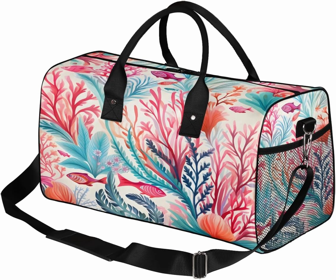 Coastal Coral Travel Duffle Bag for Women Men Foldable Waterproof Weekender Bag Carry on Tote for Overnight Sports Gym Beach Ocean Seashell Themed