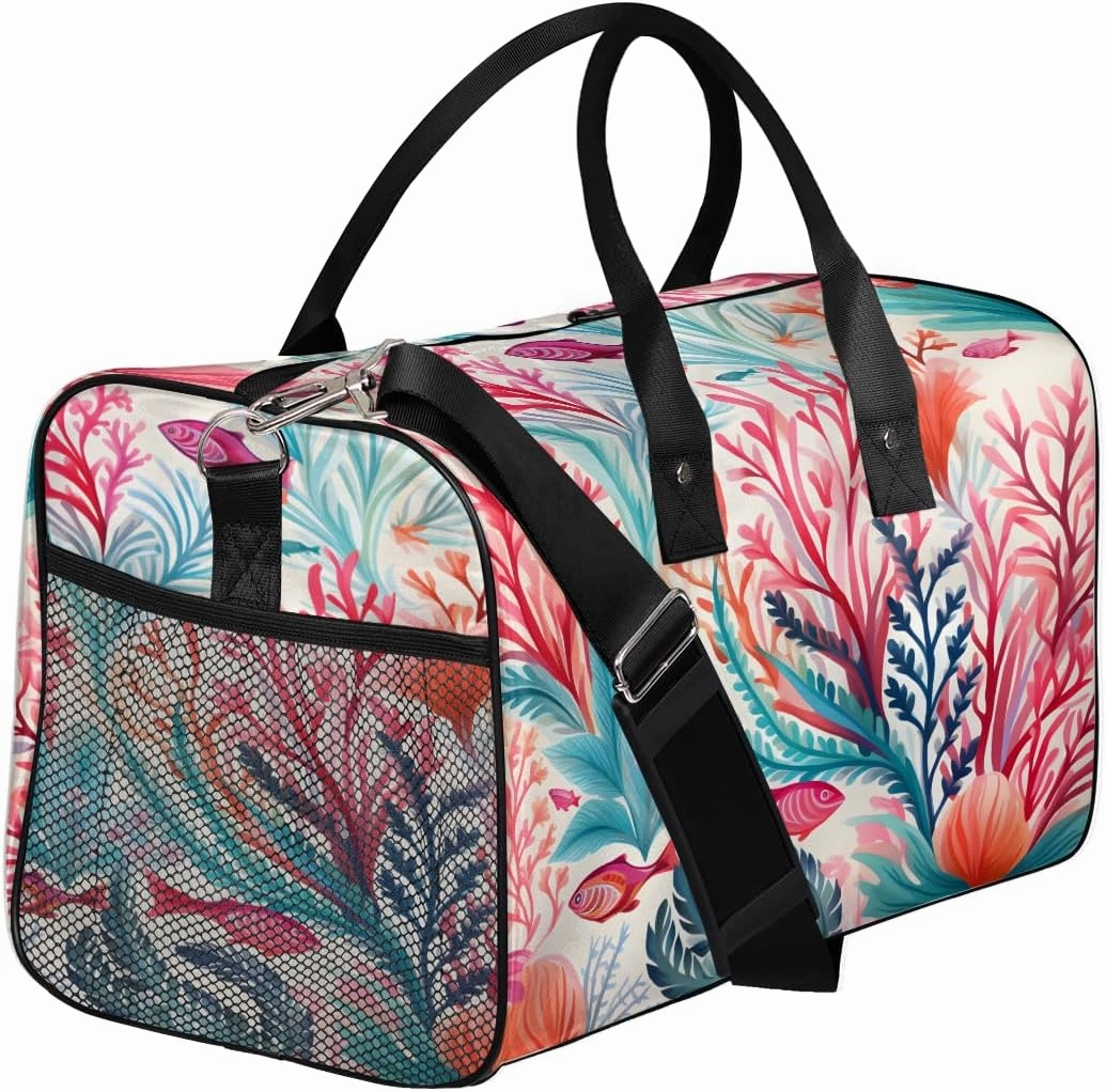 Coastal Coral Travel Duffle Bag for Women Men Foldable Waterproof Weekender Bag Carry on Tote for Overnight Sports Gym Beach Ocean Seashell Themed