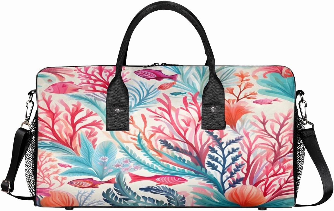 Coastal Coral Travel Duffle Bag for Women Men Foldable Waterproof Weekender Bag Carry on Tote for Overnight Sports Gym Beach Ocean Seashell Themed