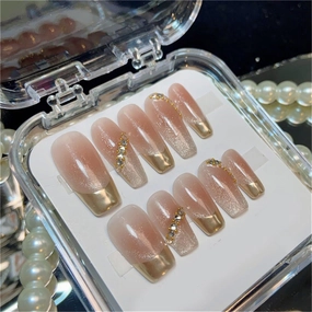 Coffin Long Handmade Nails Blush Cat Eyes Press on Nails Shiny French Tips Nail Art Decoration for Women and Girls Manicure 10pcs (S)