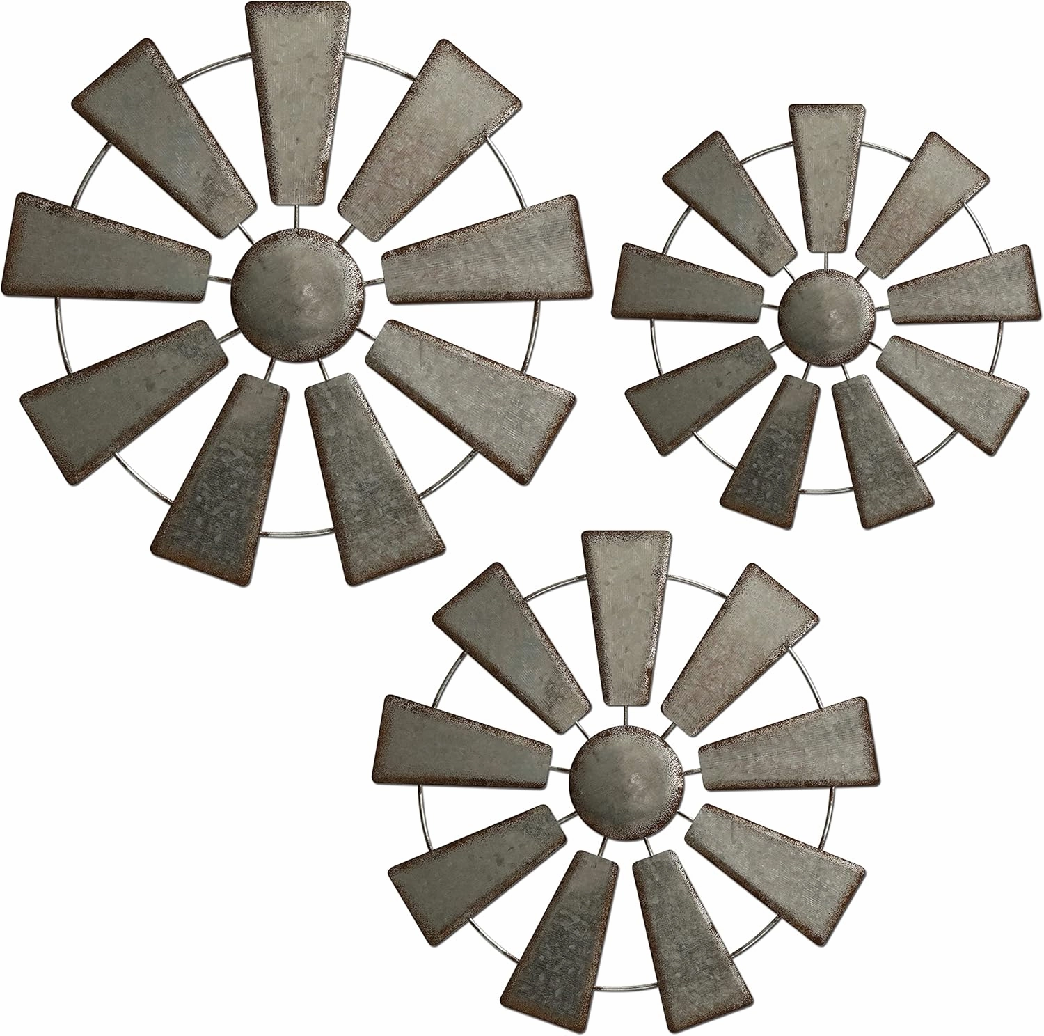 COLLECTIVE HOME - 3 Pcs Metal Windmill, Galvanized Hanging Wall Decor, Farmhouse Wall Sculpture, 3D 13/11/9.5 Inch Wall Art for Office Living Room Bedroom (Windmill)