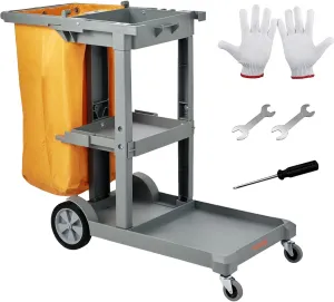 Commercial Janitorial Trolley 3-Shelf Cleaning Cart Wheeled with PVC Bag for Housekeeping Office, Stores, Schools