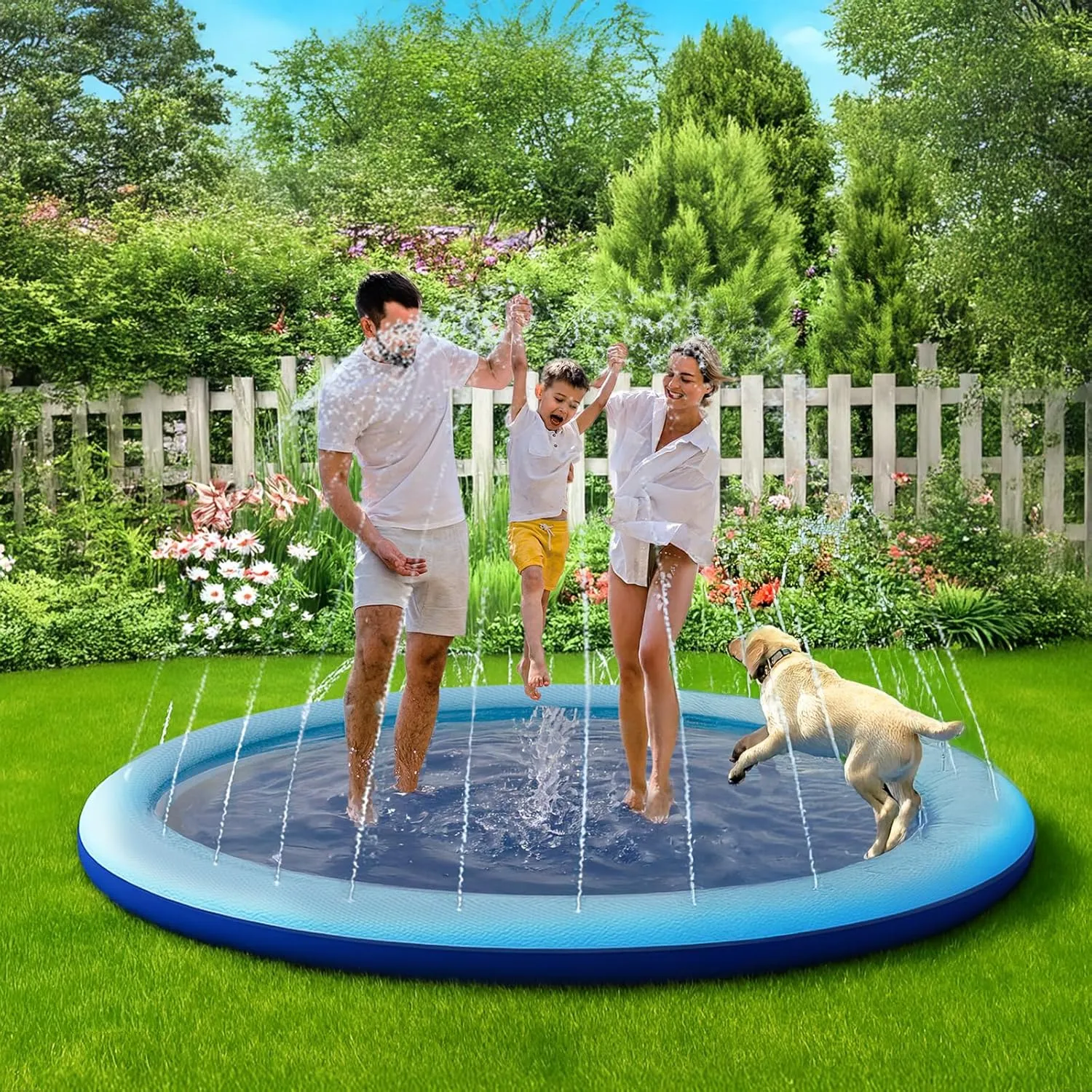COMMOUDS Splash Pad for Kids and Dogs, Non-Slip Sprinkler Pad Thicken Pool Summer Outdoor Water Toys, Backyard Fountain Play Mat for Baby Toddlers Boys Girls Pet(77Inch)