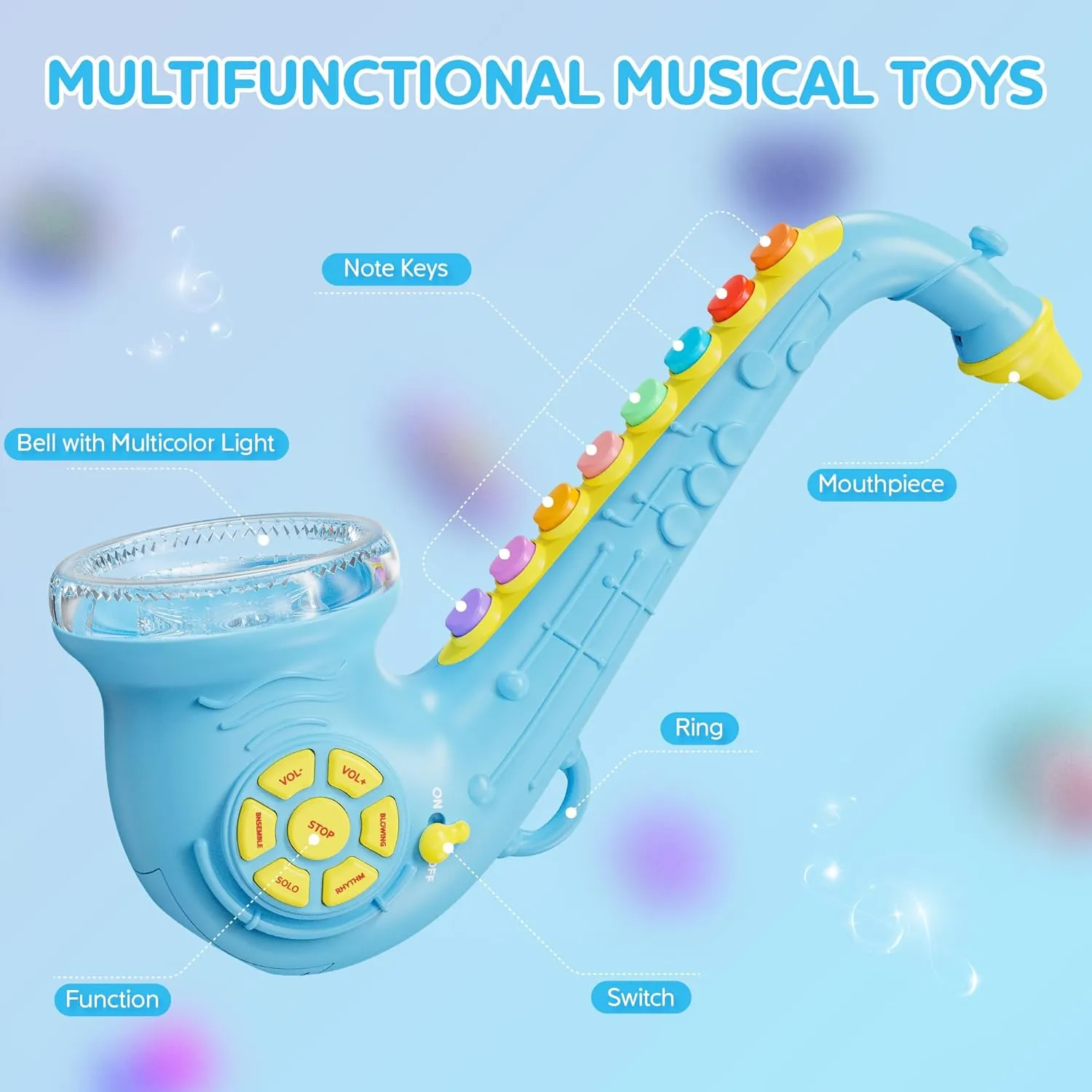 Contixo KT1 Toy Saxophone - Saxaboom, Trumpet, Clarinet with Light & Sound, Early Education Musical Instruments for Toddlers, Blue