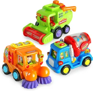 Coogam Friction Powered Cars 3 Pack Construction Vehicles Toys Set of Harvester,Sweeper,Cement Mixer Trucks for Year Old Kids Gifts