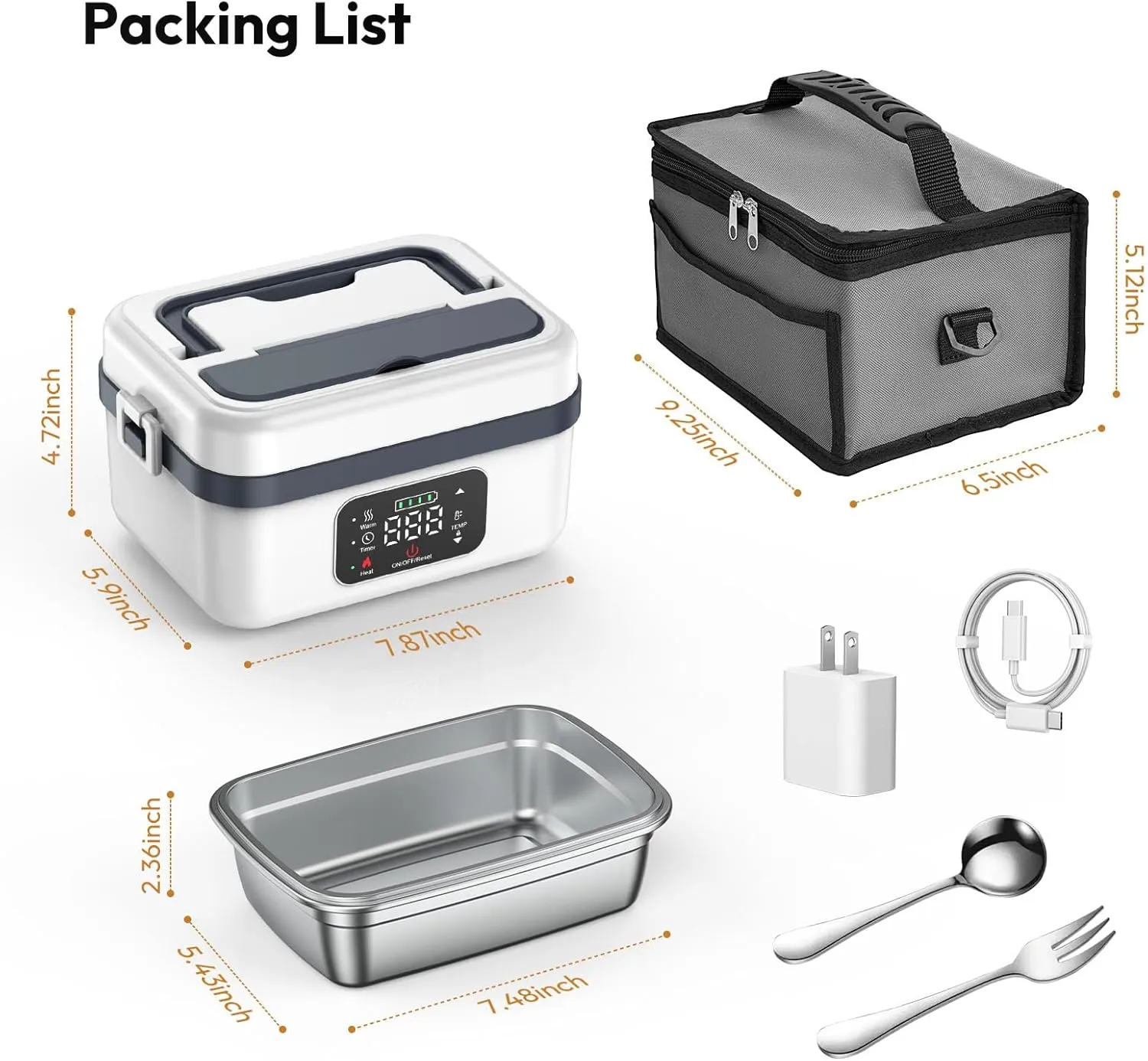 Cordless Electric Heated Lunch Box for Adults Men Women, Rechargeable Self Heating Battery Powered Food Warmer with 1L Container Fork Spoon and Insulated Carry Bag for Car Truck Travel Office(White)