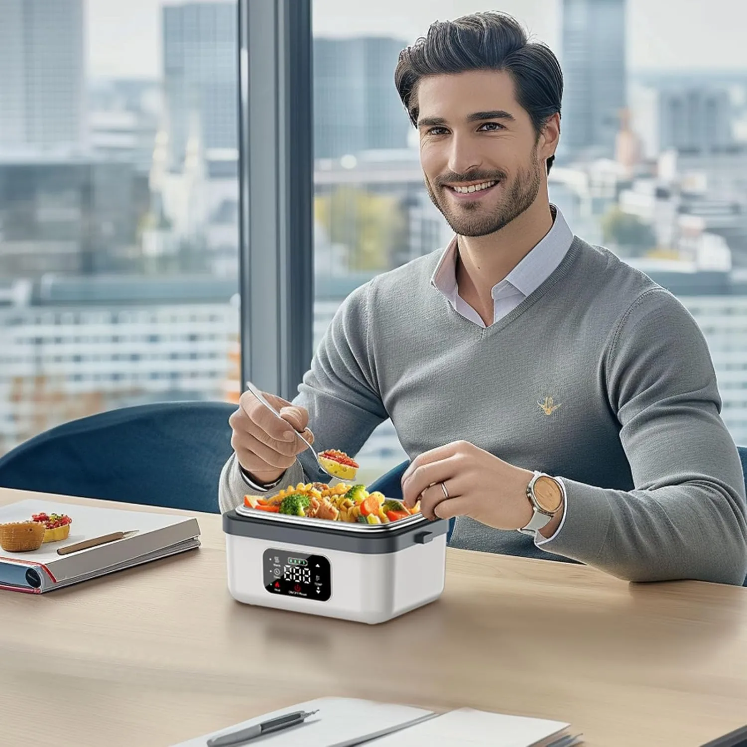 Cordless Electric Heated Lunch Box for Adults Men Women, Rechargeable Self Heating Battery Powered Food Warmer with 1L Container Fork Spoon and Insulated Carry Bag for Car Truck Travel Office(White)
