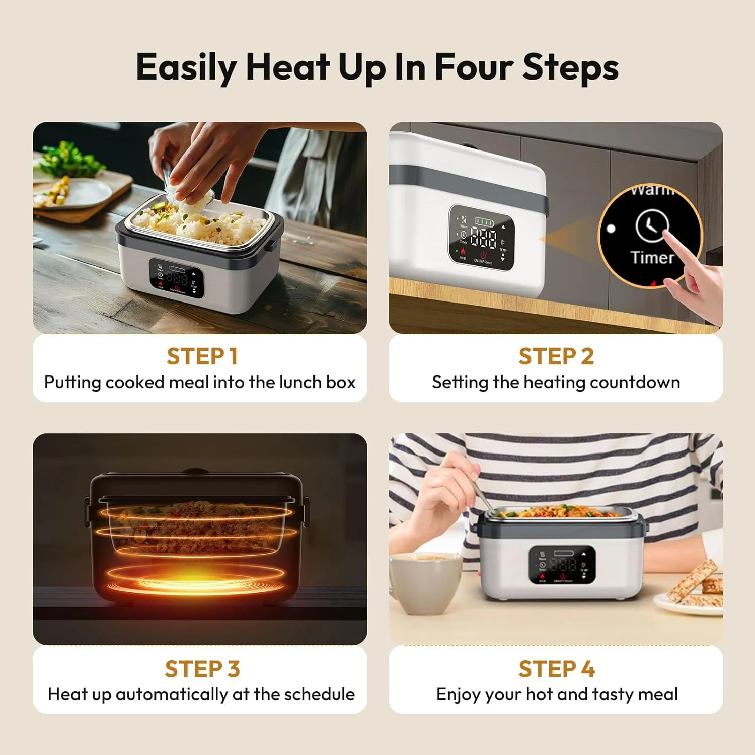 Cordless Electric Heated Lunch Box for Adults Men Women, Rechargeable Self Heating Battery Powered Food Warmer with 1L Container Fork Spoon and Insulated Carry Bag for Car Truck Travel Office(White)
