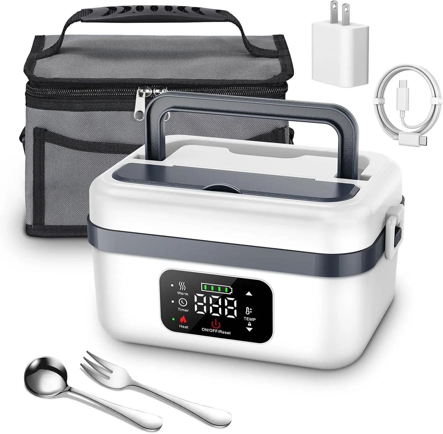 Cordless Electric Heated Lunch Box for Adults Men Women, Rechargeable Self Heating Battery Powered Food Warmer with 1L Container Fork Spoon and Insulated Carry Bag for Car Truck Travel Office(White)