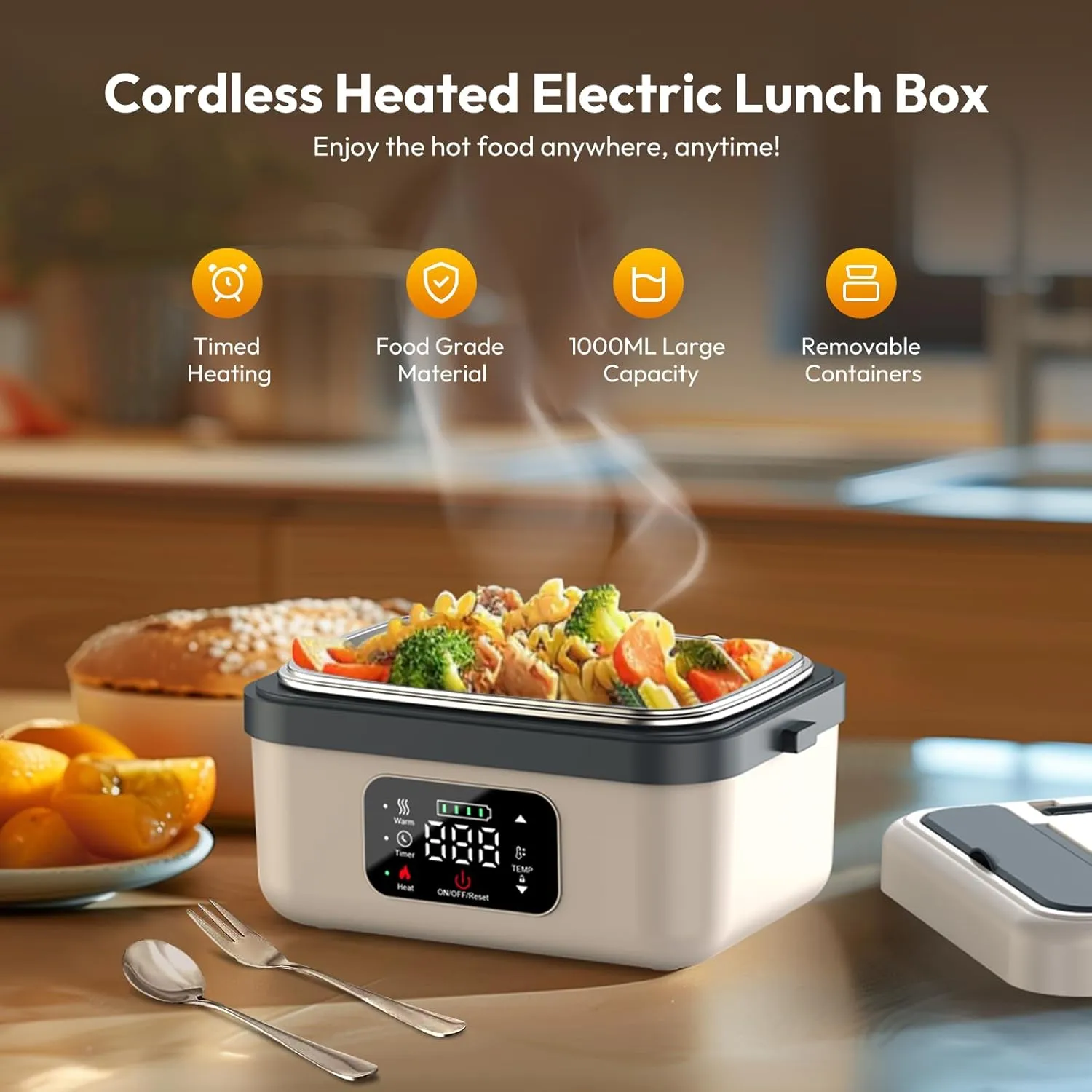 Cordless Electric Heated Lunch Box for Adults Men Women, Rechargeable Self Heating Battery Powered Food Warmer with 1L Container Fork Spoon and Insulated Carry Bag for Car Truck Travel Office(White)