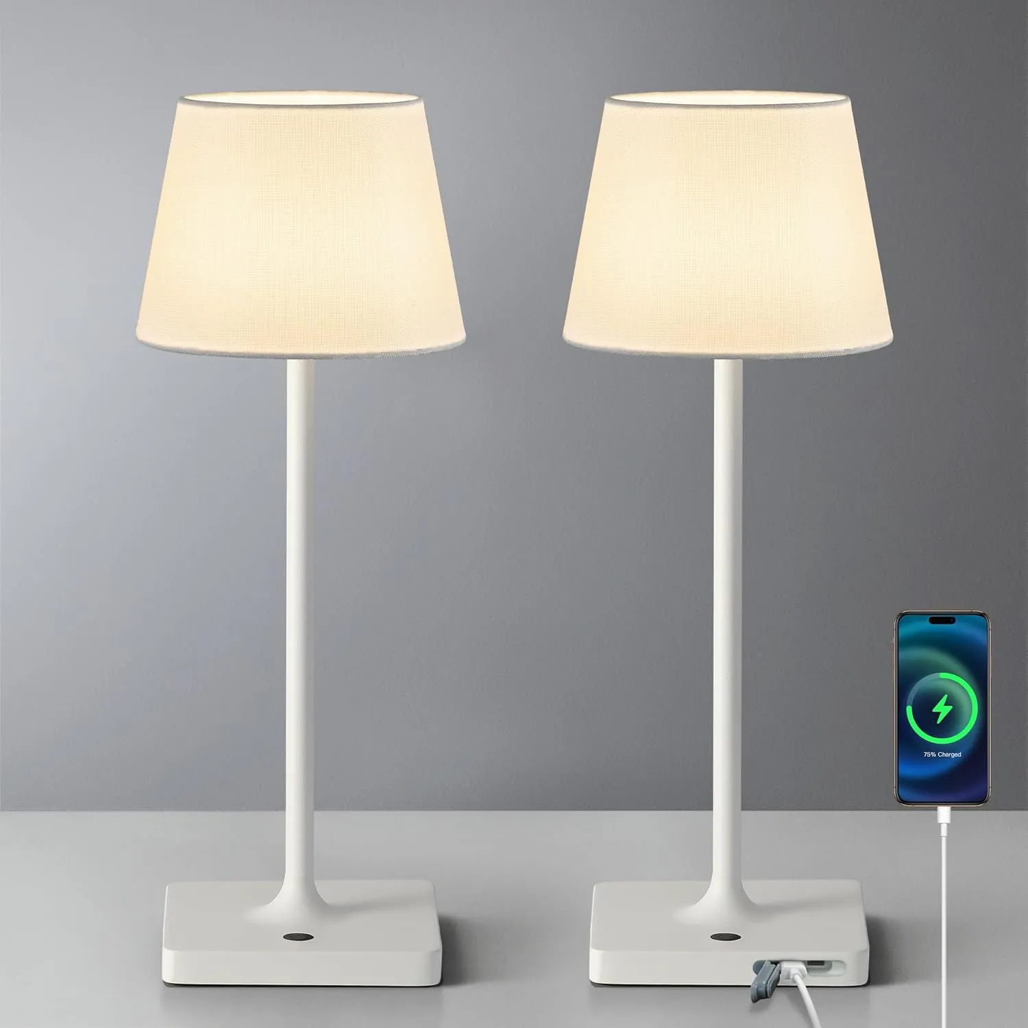 Cordless Portable Touch Table Lamp Set of 2, 4000mAh Rechargeable Battery Powered Dimmable LED Desk Lamps Fabric Lampshde, Modern Baby Night Light for Restaurant, Bedroom (White 14.5")