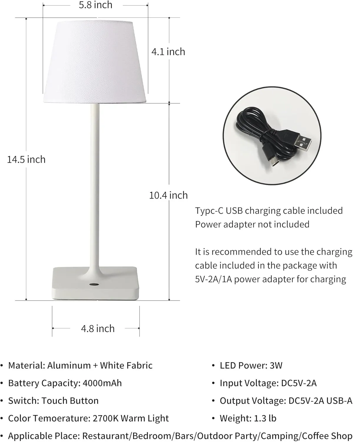 Cordless Portable Touch Table Lamp Set of 2, 4000mAh Rechargeable Battery Powered Dimmable LED Desk Lamps Fabric Lampshde, Modern Baby Night Light for Restaurant, Bedroom (White 14.5")