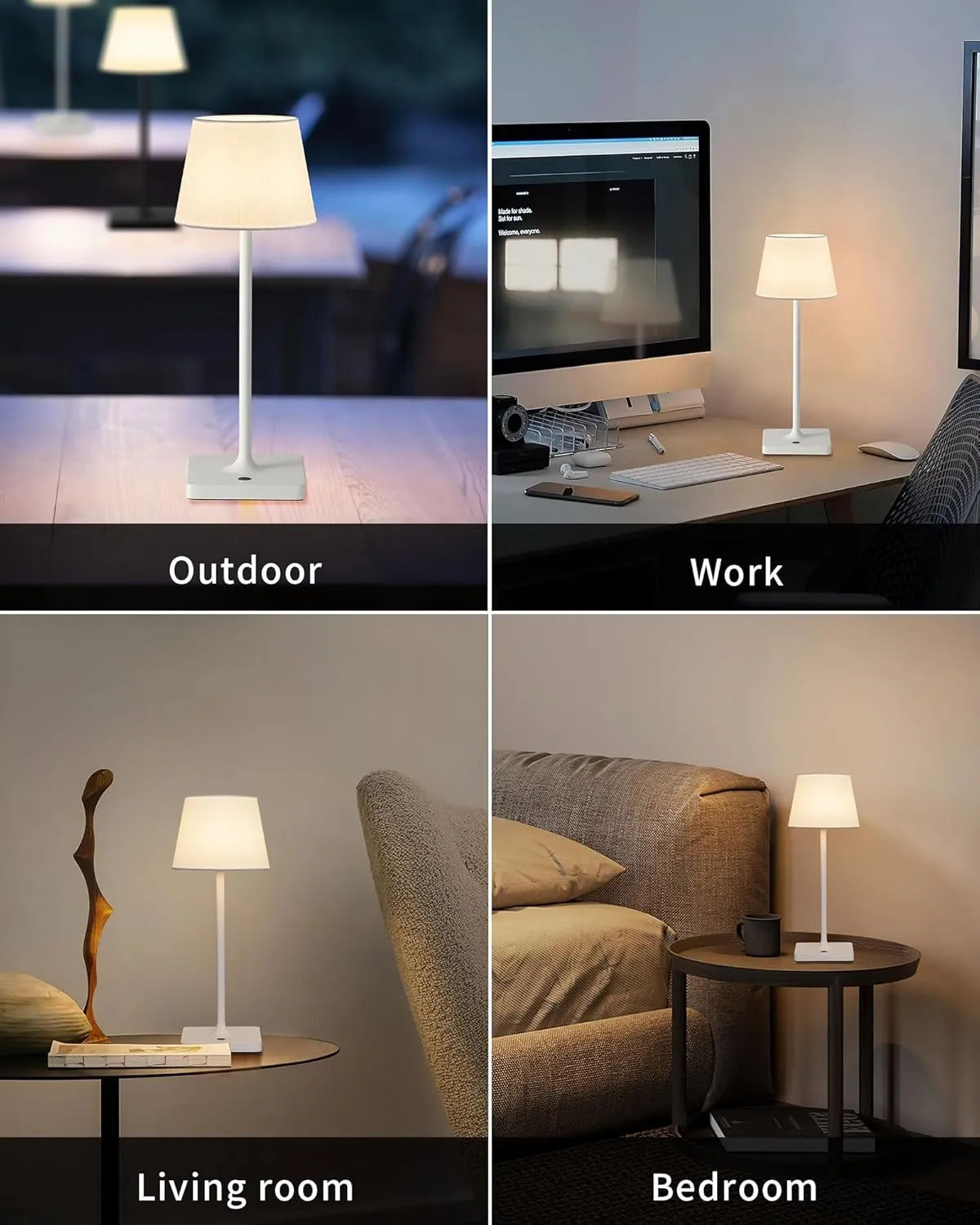 Cordless Portable Touch Table Lamp Set of 2, 4000mAh Rechargeable Battery Powered Dimmable LED Desk Lamps Fabric Lampshde, Modern Baby Night Light for Restaurant, Bedroom (White 14.5")