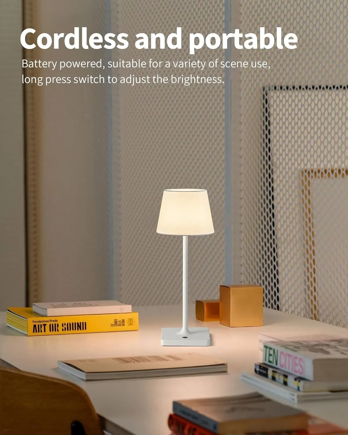 Cordless Portable Touch Table Lamp Set of 2, 4000mAh Rechargeable Battery Powered Dimmable LED Desk Lamps Fabric Lampshde, Modern Baby Night Light for Restaurant, Bedroom (White 14.5")