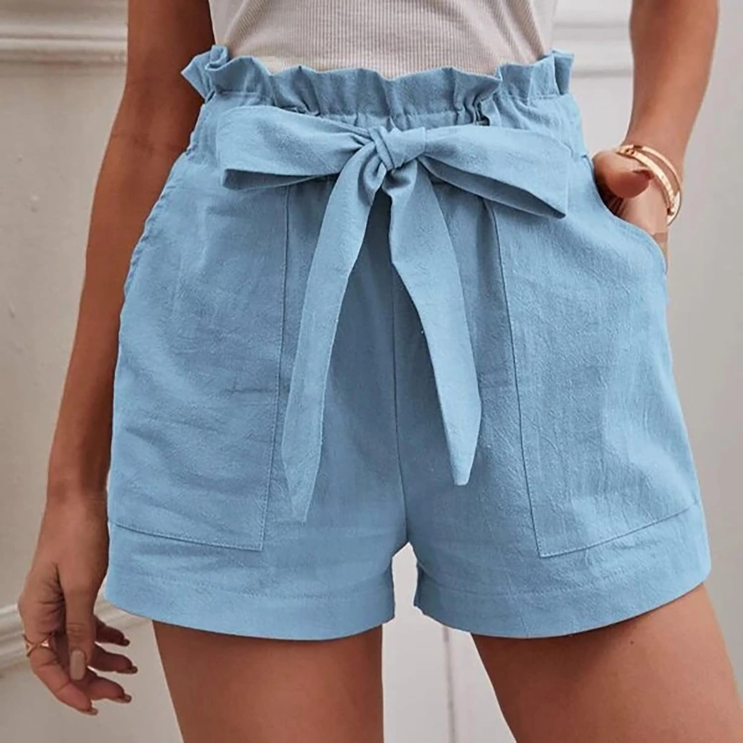 Cotton Linen Shorts for Women Summer 2024 Casual Tie Waist Wide Leg Lounge Shorts Beach Vacation Paperbag Shorts