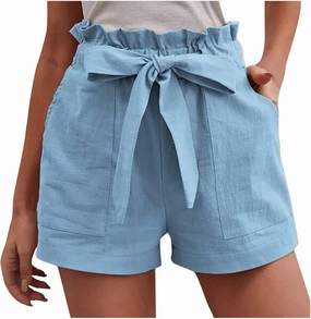 Cotton Linen Shorts for Women Summer 2024 Casual Tie Waist Wide Leg Lounge Shorts Beach Vacation Paperbag Shorts