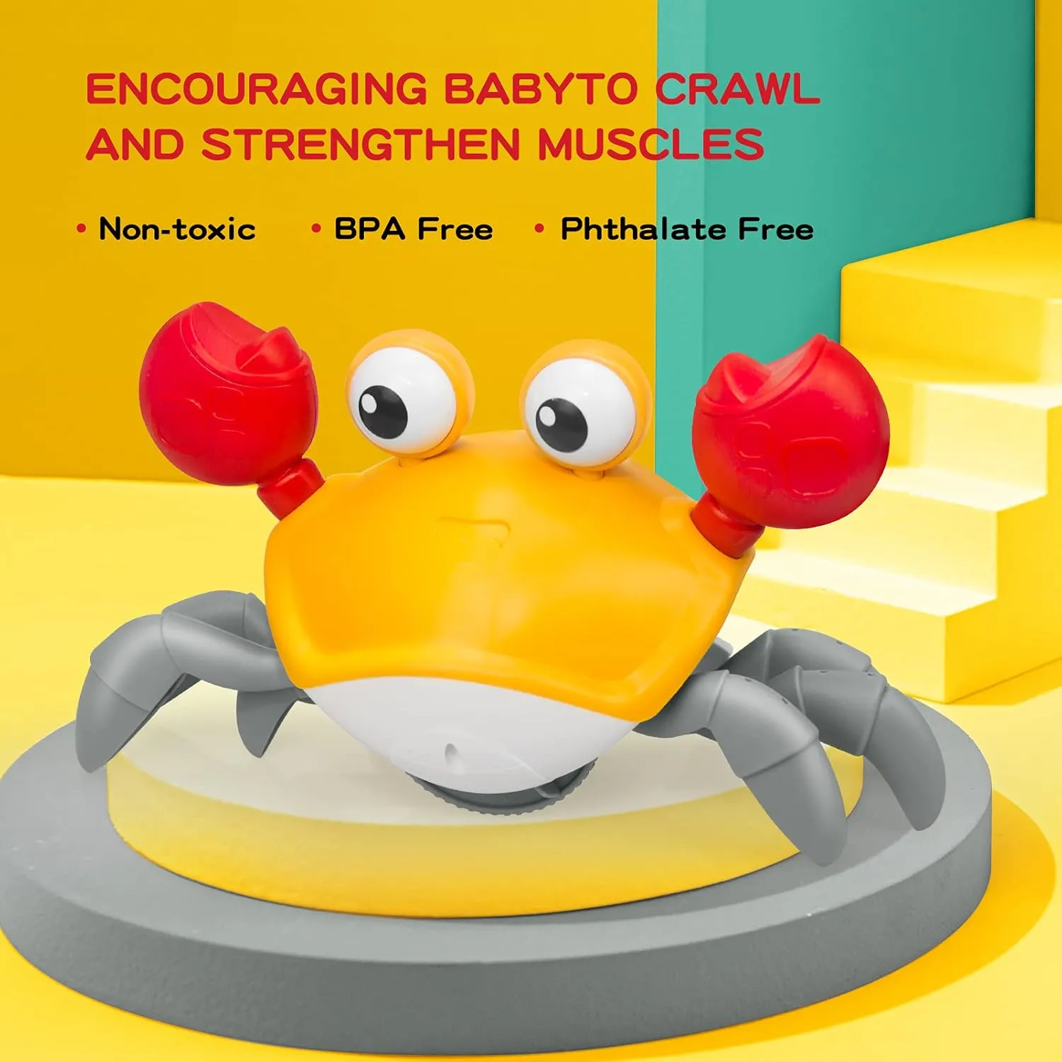 Crawling Crab Baby Toy with Music and LED Light Up for Kids, Toddler Interactive Learning Development Toy with Automatically Avoid Obstacles, Build in Rechargeable Battery (Yellow)