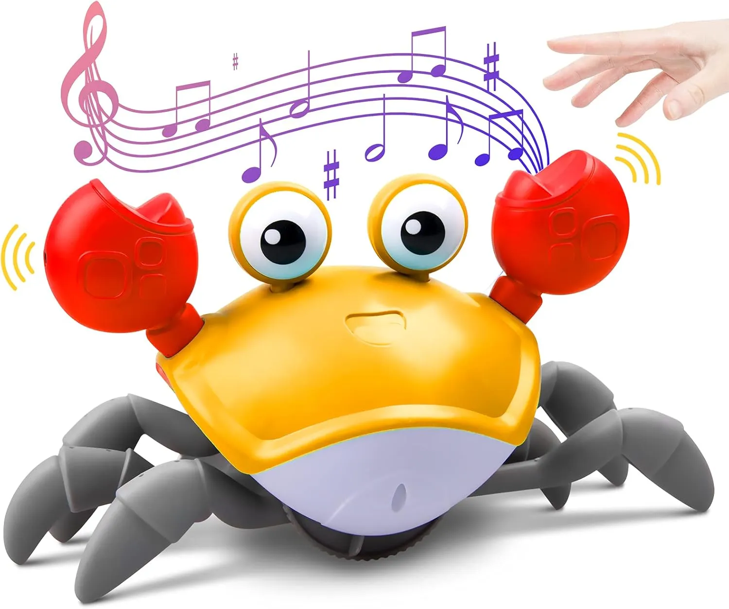 Crawling Crab Baby Toy with Music and LED Light Up for Kids, Toddler Interactive Learning Development Toy with Automatically Avoid Obstacles, Build in Rechargeable Battery (Yellow)