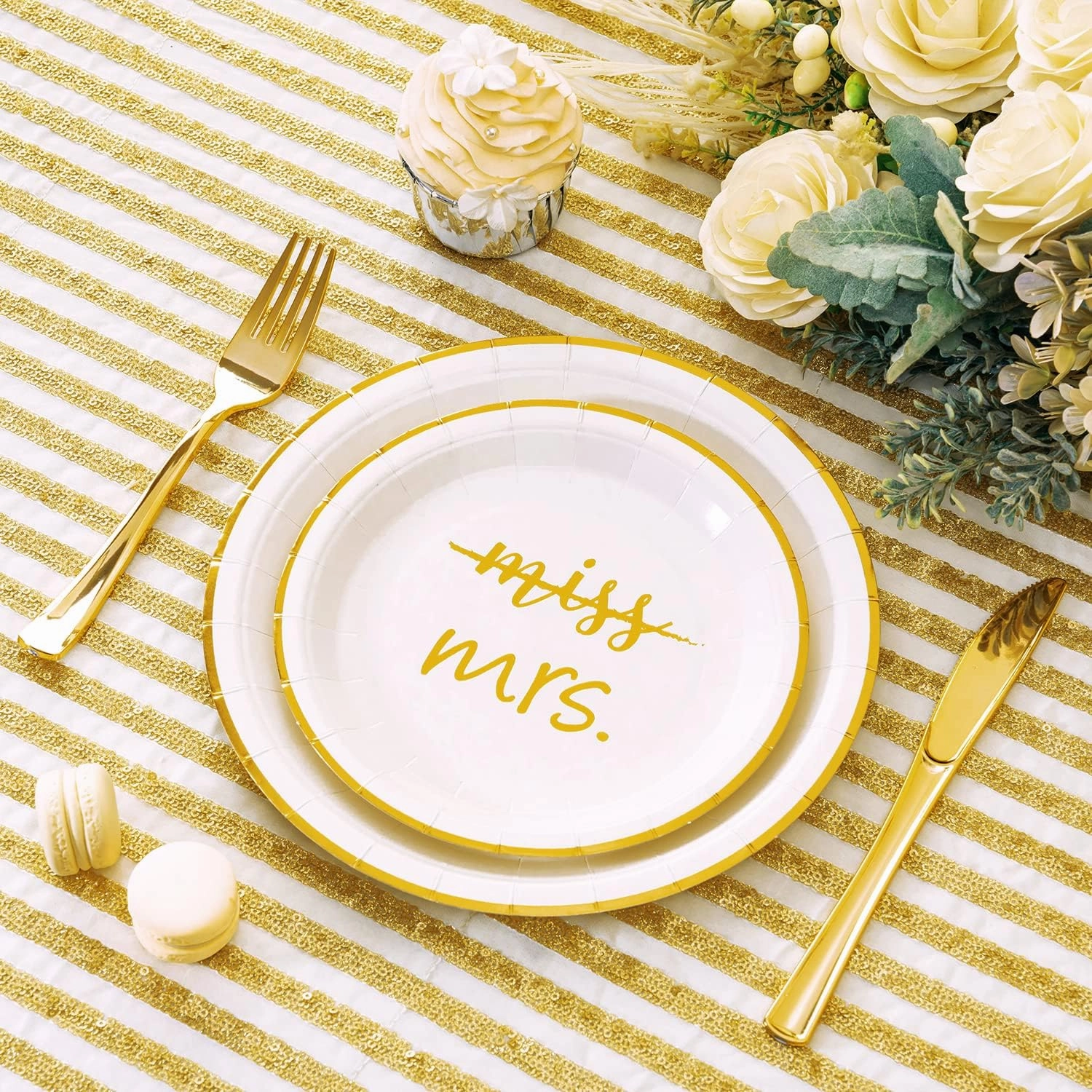 Crisky Gold Miss to Mrs Napkins Plates Cups Set for Bridal Shower Engagement Bachelorette Party Decorations Party Supplies, Disposable Tableware Set of 24 (9" & 7" Plates, Luncheon Napkin, 9oz Cups)