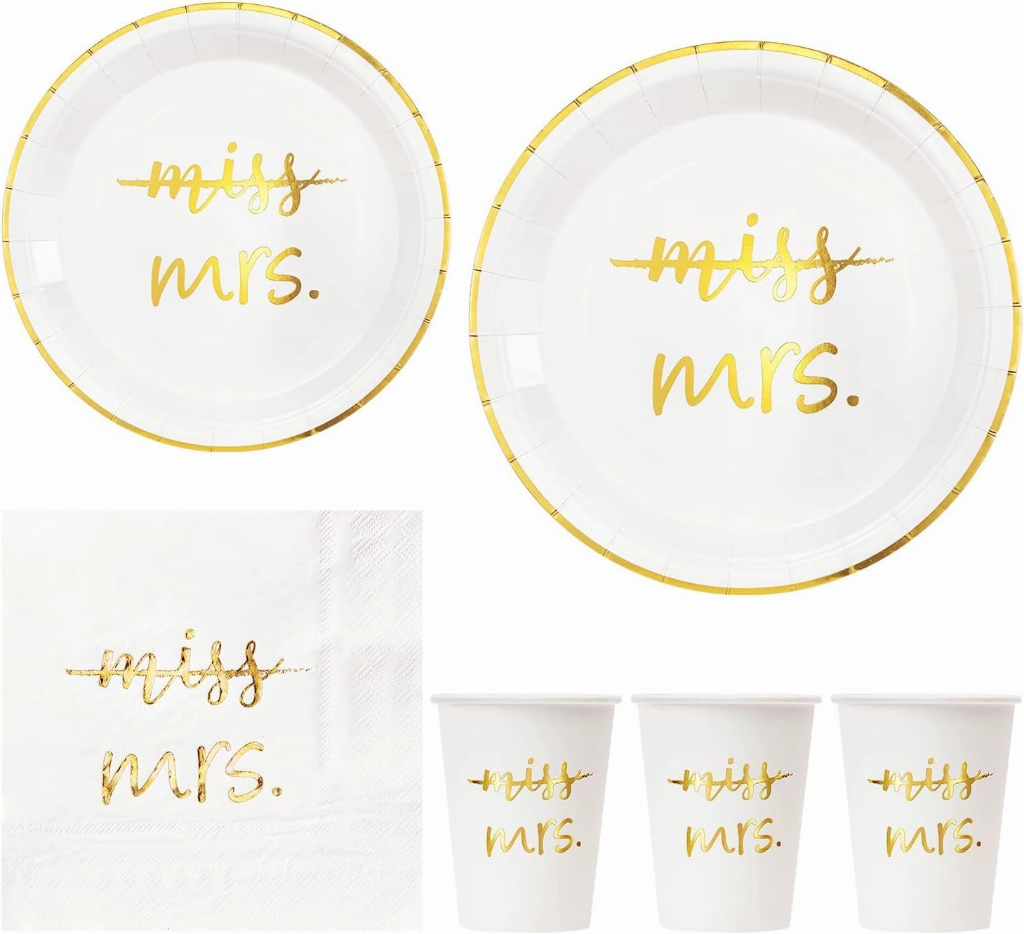 Crisky Gold Miss to Mrs Napkins Plates Cups Set for Bridal Shower Engagement Bachelorette Party Decorations Party Supplies, Disposable Tableware Set of 24 (9" & 7" Plates, Luncheon Napkin, 9oz Cups)