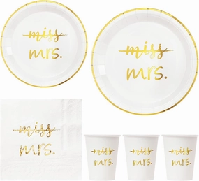 Crisky Gold Miss to Mrs Napkins Plates Cups Set for Bridal Shower Engagement Bachelorette Party Decorations Party Supplies, Disposable Tableware Set of 24 (9" & 7" Plates, Luncheon Napkin, 9oz Cups)