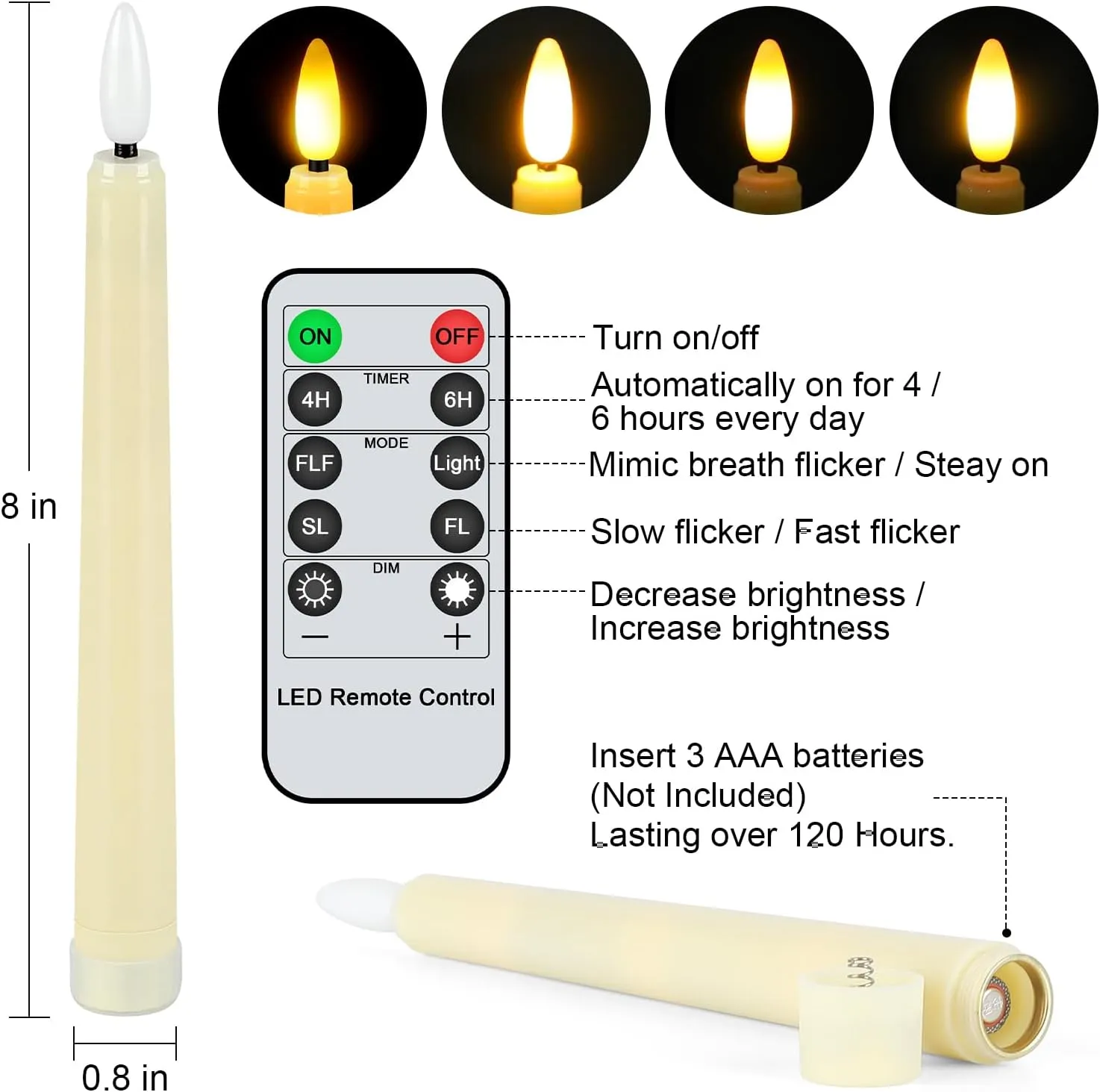 crowm Flameless Taper Candles with Remote, Battery Operated LED Electric Window Candles, 6 Pack Ivory Candlesticks with 3D Flickering Light for Wedding Christmas Decor