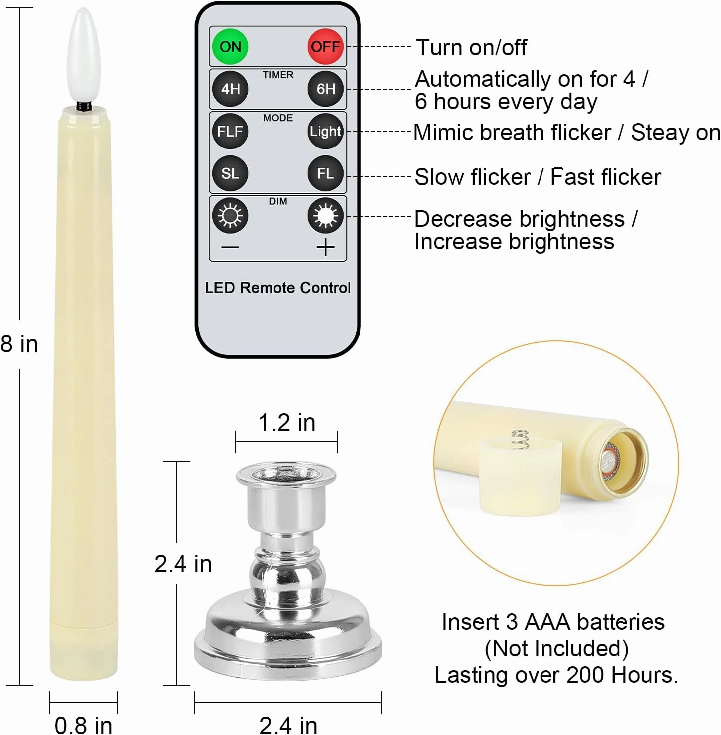crowm Flameless Flickering Taper Candles with Remote Timer, 3D Wick LED Battery Operated Window Candle Sticks, Electric Fake Ivory Candles for Xmas Fireplace, Set of 6 with Silver Bases