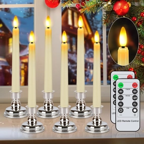 crowm Flameless Flickering Taper Candles with Remote Timer, 3D Wick LED Battery Operated Window Candle Sticks, Electric Fake Ivory Candles for Xmas Fireplace, Set of 6 with Silver Bases
