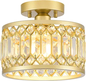 Crystal Ceiling Light Fixture, Modern Semi Flush Mount Ceiling Light, Gold Lighting Fixtures Ceiling Lamp for Hallway, Kitchen, Entryway, Bedroom, Laundry Room, 9.05 Inch