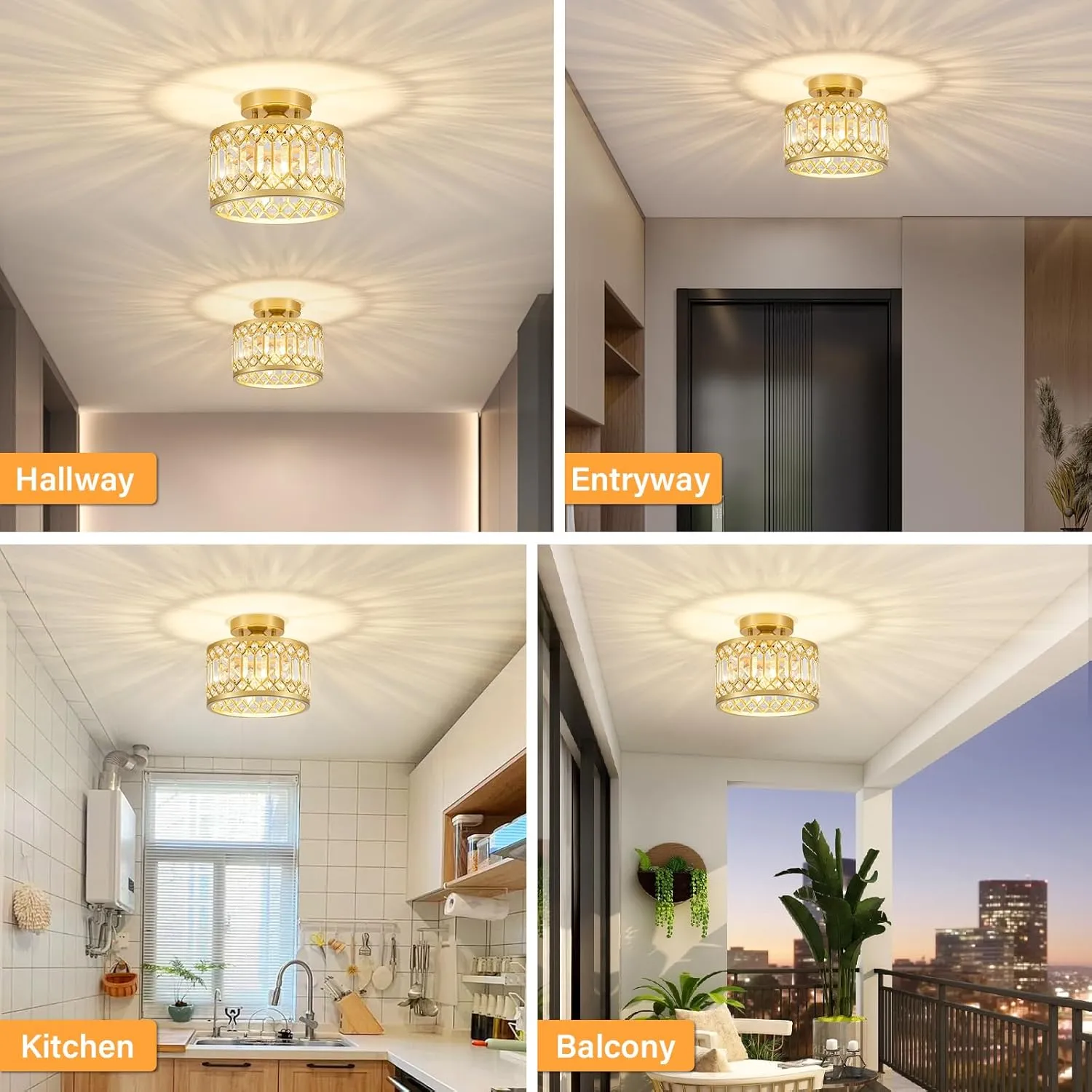 Crystal Ceiling Light Fixture, Modern Semi Flush Mount Ceiling Light, Gold Lighting Fixtures Ceiling Lamp for Hallway, Kitchen, Entryway, Bedroom, Laundry Room, 9.05 Inch